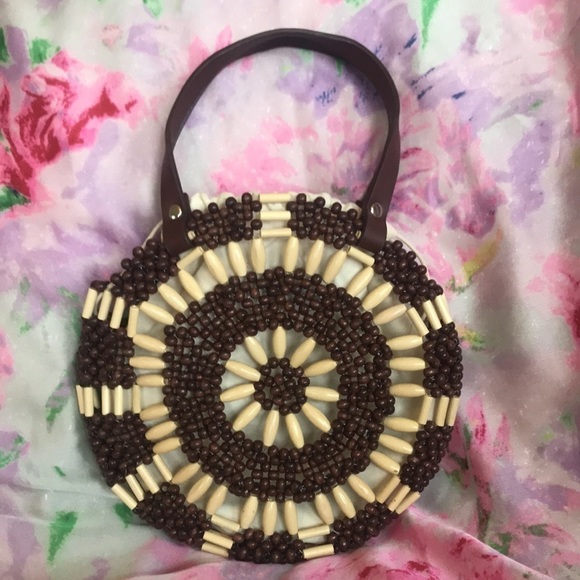 NWOT Studio Collection Beaded Circular Brown & Cream Handbag Purse - Picture 1 of 13